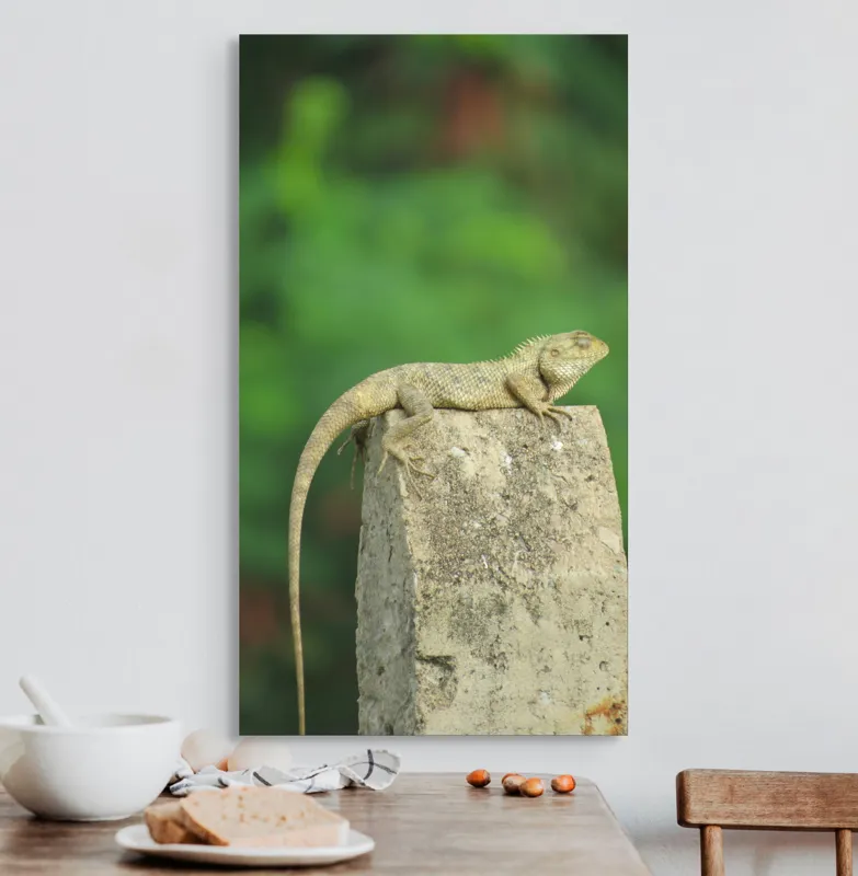 Tablou Canvas, "Șopârla contemplând orizontul verde", Șopârlă, Piatră, Verdeață, Natură, Odihnă, Solitudine, Calm, Echilibru, 50 x 90 cm – poza 3