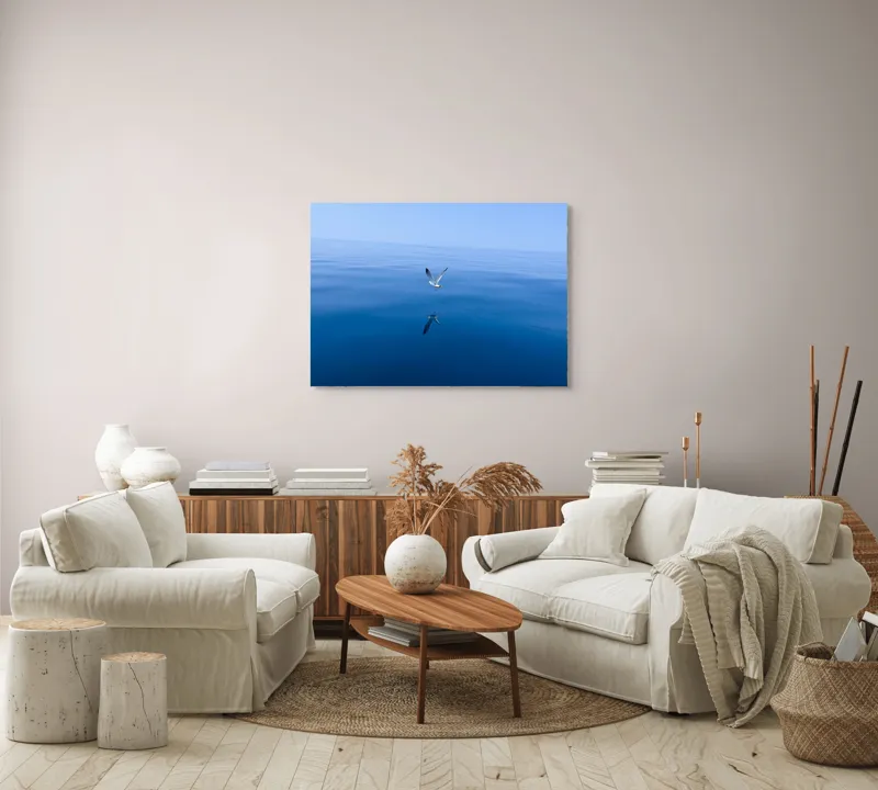 Tablou Canvas, "Pescărușul și oglinda mării albastre", Cer, Pescăruș, Reflecție, Ocean, Liniște, Vedere, Albastru, Volemoseniac., 100 x 70 cm – poza 3