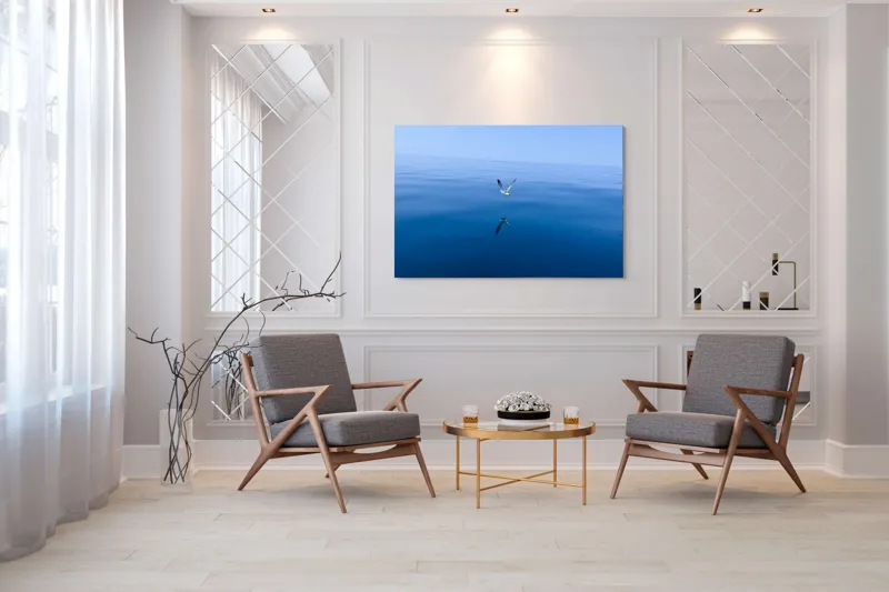 Tablou Canvas, "Pescărușul și oglinda mării albastre", Cer, Pescăruș, Reflecție, Ocean, Liniște, Vedere, Albastru, Volemoseniac., 150 x 100 cm – poza 7