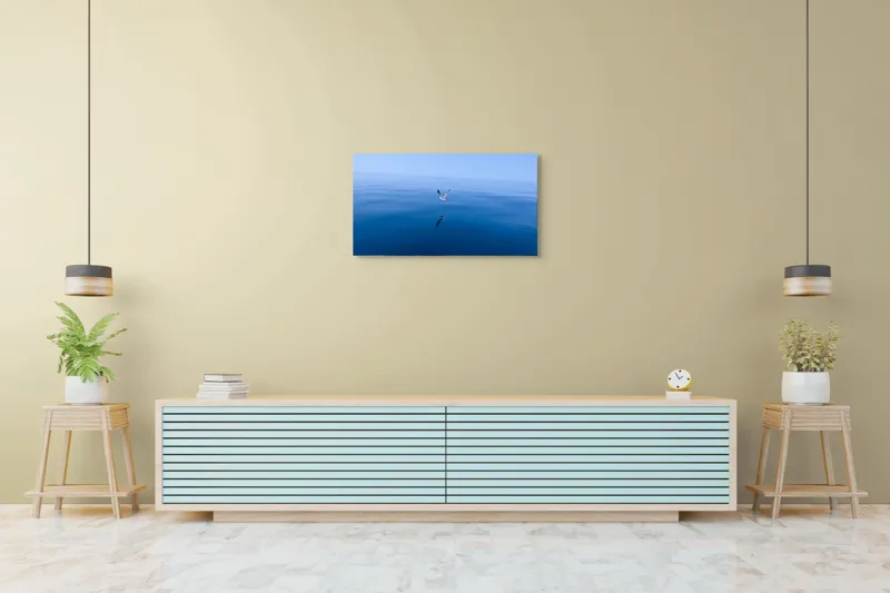 Tablou Canvas, "Pescărușul și oglinda mării albastre", Cer, Pescăruș, Reflecție, Ocean, Liniște, Vedere, Albastru, Volemoseniac., 90 x 50 cm – poza 5
