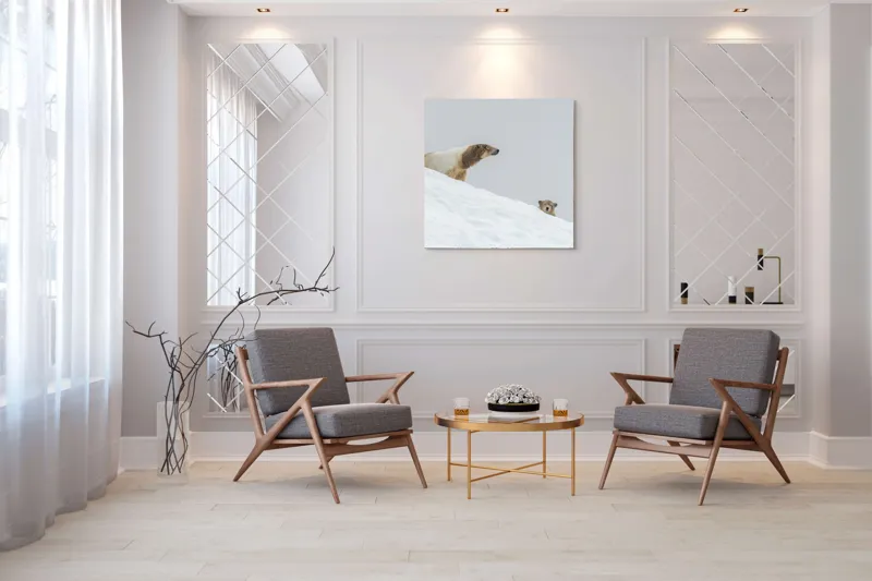 Tablou Canvas, "Urși polari pe panta înzăpezită", Urs, Zăpadă, Pui, Înclinare, Alb, Natură, Iarnă, Privit, 100 x 100 cm – poza 7