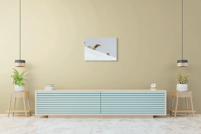 Tablou Canvas, "Urși polari pe panta înzăpezită", Urs, Zăpadă, Pui, Înclinare, Alb, Natură, Iarnă, Privit, 70 x 50 cm – poza 7