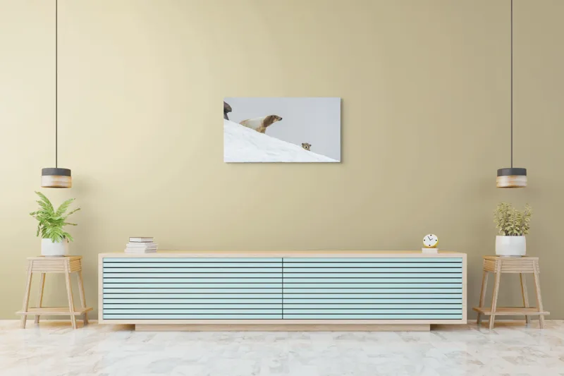 Tablou Canvas, "Urși polari pe panta înzăpezită", Urs, Zăpadă, Pui, Înclinare, Alb, Natură, Iarnă, Privit, 90 x 50 cm – poza 5