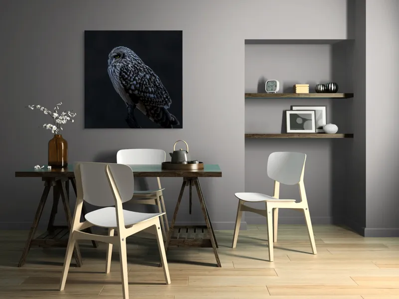 Tablou Canvas, "Bufnița tainică pe ramura umbrelor", Bufniță, Noapte, Penaj, Privire, Ramură, Tainic, Siluetă, Contemplare, 100 x 100 cm – poza 6