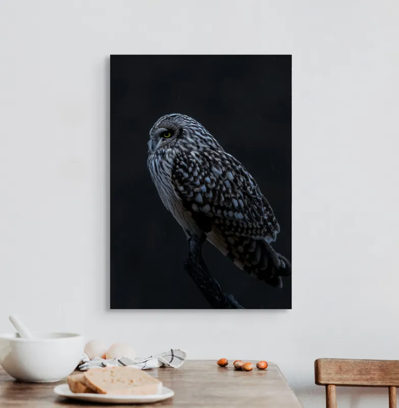 Tablou Canvas, "Bufnița tainică pe ramura umbrelor", Bufniță, Noapte, Penaj, Privire, Ramură, Tainic, Siluetă, Contemplare, 50 x 70 cm – poza 3