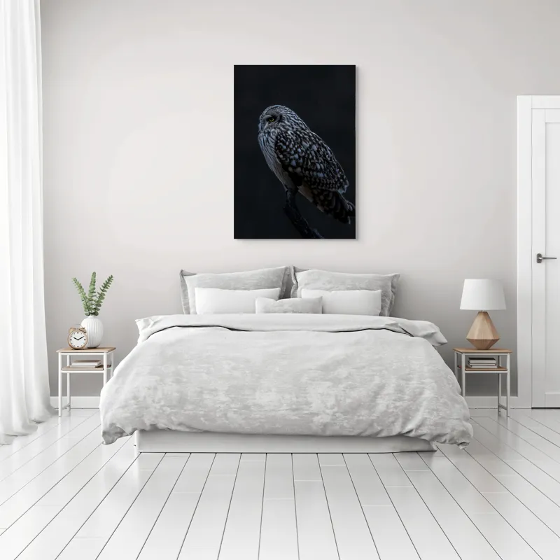 Tablou Canvas, "Bufnița tainică pe ramura umbrelor", Bufniță, Noapte, Penaj, Privire, Ramură, Tainic, Siluetă, Contemplare, 70 x 100 cm – poza 3
