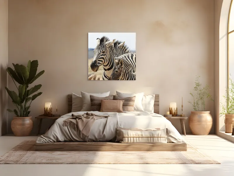 Tablou Canvas, "Familie de zebre în savană africană", Zebre, Dungate, Natură, Savana, Familie, Pășunat, Vânt, Peisaj, Harmonie, Curiozitate, 100 x 100 cm – poza 4