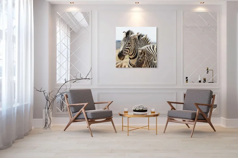 Tablou Canvas, "Familie de zebre în savană africană", Zebre, Dungate, Natură, Savana, Familie, Pășunat, Vânt, Peisaj, Harmonie, Curiozitate, 100 x 100 cm – poza 7