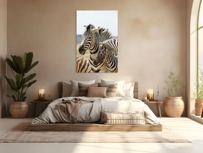 Tablou Canvas, "Familie de zebre în savană africană", Zebre, Dungate, Natură, Savana, Familie, Pășunat, Vânt, Peisaj, Harmonie, Curiozitate, 100 x 150 cm – poza 3