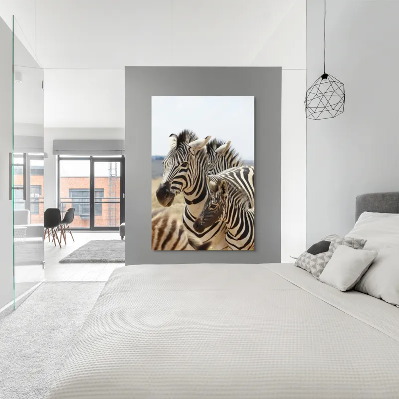 Tablou Canvas, "Familie de zebre în savană africană", Zebre, Dungate, Natură, Savana, Familie, Pășunat, Vânt, Peisaj, Harmonie, Curiozitate, 100 x 150 cm – poza 5