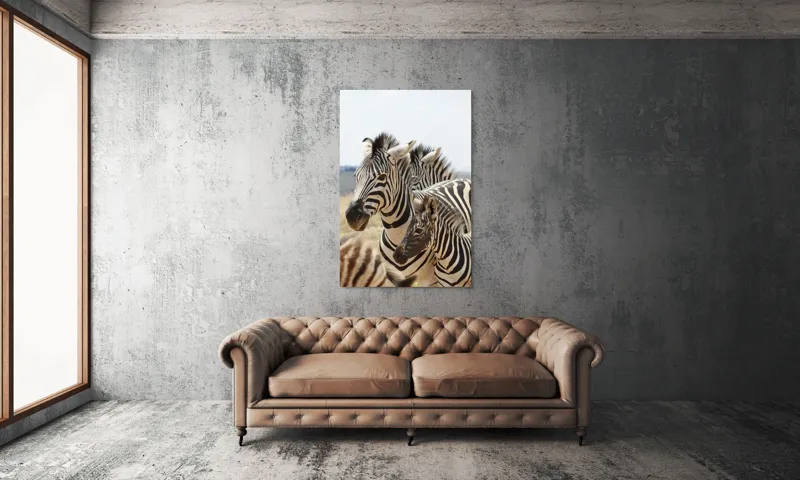 Tablou Canvas, "Familie de zebre în savană africană", Zebre, Dungate, Natură, Savana, Familie, Pășunat, Vânt, Peisaj, Harmonie, Curiozitate, 100 x 150 cm – poza 6