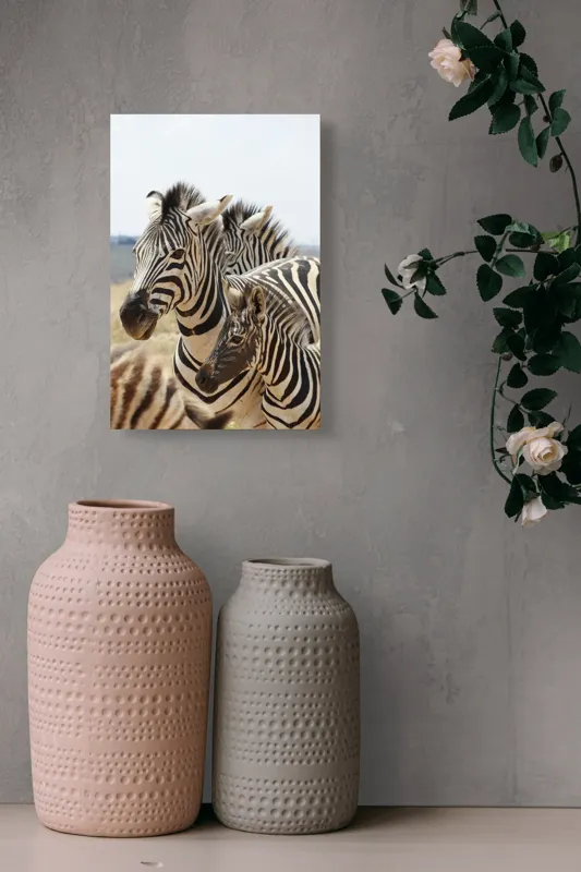 Tablou Canvas, "Familie de zebre în savană africană", Zebre, Dungate, Natură, Savana, Familie, Pășunat, Vânt, Peisaj, Harmonie, Curiozitate, 26 x 39 cm – poza 6