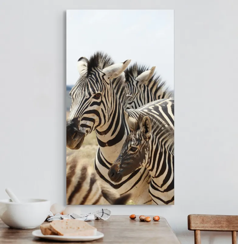 Tablou Canvas, "Familie de zebre în savană africană", Zebre, Dungate, Natură, Savana, Familie, Pășunat, Vânt, Peisaj, Harmonie, Curiozitate, 50 x 90 cm – poza 3
