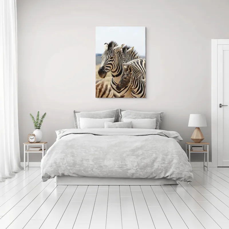 Tablou Canvas, "Familie de zebre în savană africană", Zebre, Dungate, Natură, Savana, Familie, Pășunat, Vânt, Peisaj, Harmonie, Curiozitate, 70 x 100 cm – poza 3