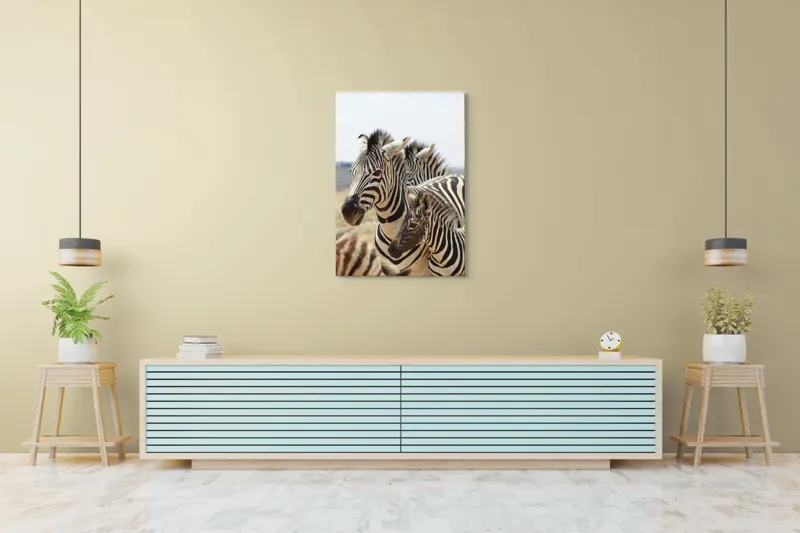 Tablou Canvas, "Familie de zebre în savană africană", Zebre, Dungate, Natură, Savana, Familie, Pășunat, Vânt, Peisaj, Harmonie, Curiozitate, 70 x 100 cm – poza 5