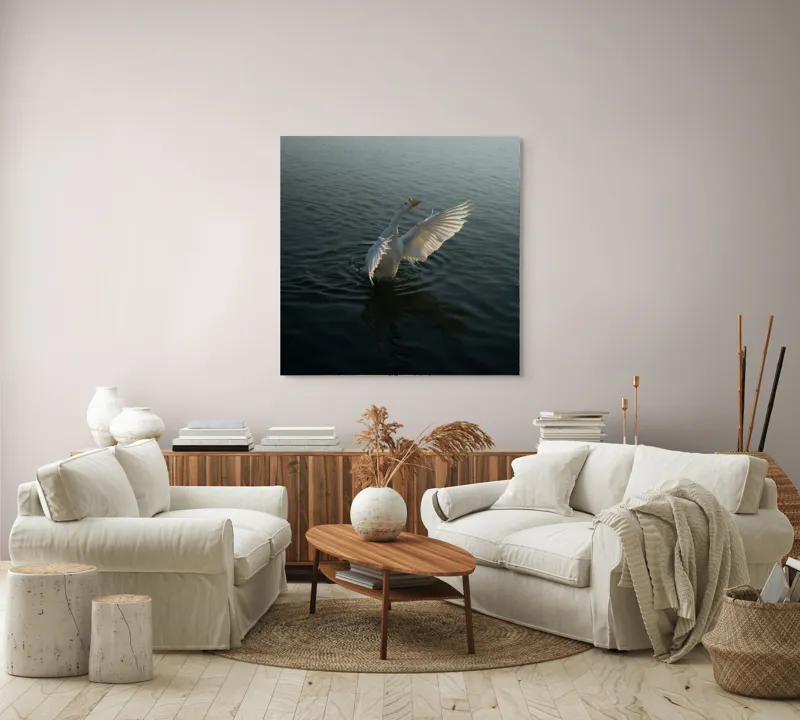 Tablou Canvas, "Dansul grațios al lebedei albe", Pasăre, Apă, Aripi, Alb, Răsărit, Serenitate, Mișcare, Plutire, 100 x 100 cm – poza 3