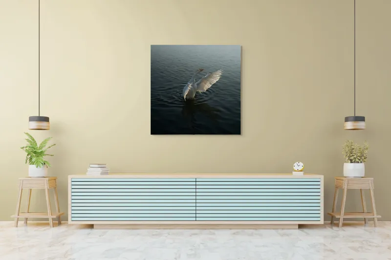 Tablou Canvas, "Dansul grațios al lebedei albe", Pasăre, Apă, Aripi, Alb, Răsărit, Serenitate, Mișcare, Plutire, 100 x 100 cm – poza 5