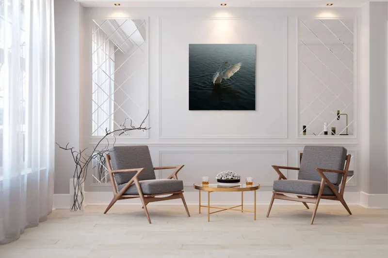 Tablou Canvas, "Dansul grațios al lebedei albe", Pasăre, Apă, Aripi, Alb, Răsărit, Serenitate, Mișcare, Plutire, 100 x 100 cm – poza 7