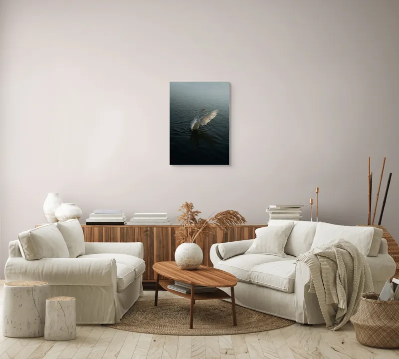Tablou Canvas, "Dansul grațios al lebedei albe", Pasăre, Apă, Aripi, Alb, Răsărit, Serenitate, Mișcare, Plutire, 50 x 70 cm – poza 4