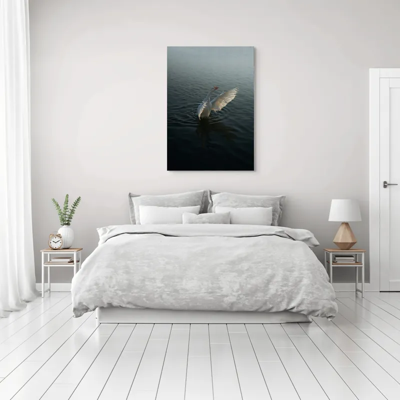 Tablou Canvas, "Dansul grațios al lebedei albe", Pasăre, Apă, Aripi, Alb, Răsărit, Serenitate, Mișcare, Plutire, 70 x 100 cm – poza 3