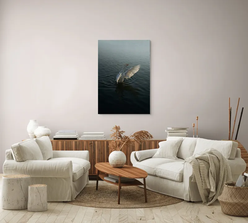 Tablou Canvas, "Dansul grațios al lebedei albe", Pasăre, Apă, Aripi, Alb, Răsărit, Serenitate, Mișcare, Plutire, 70 x 100 cm – poza 4