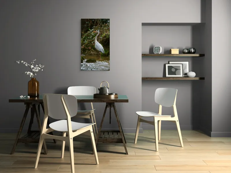 Tablou Canvas, "Stolul elegant al stârcii cenușii", Elegant, Stălucitor, Grațios, Pădure, Râu, Verdeață, Rocă, Natura, Reflecție, Serenitate, 50 x 90 cm – poza 4