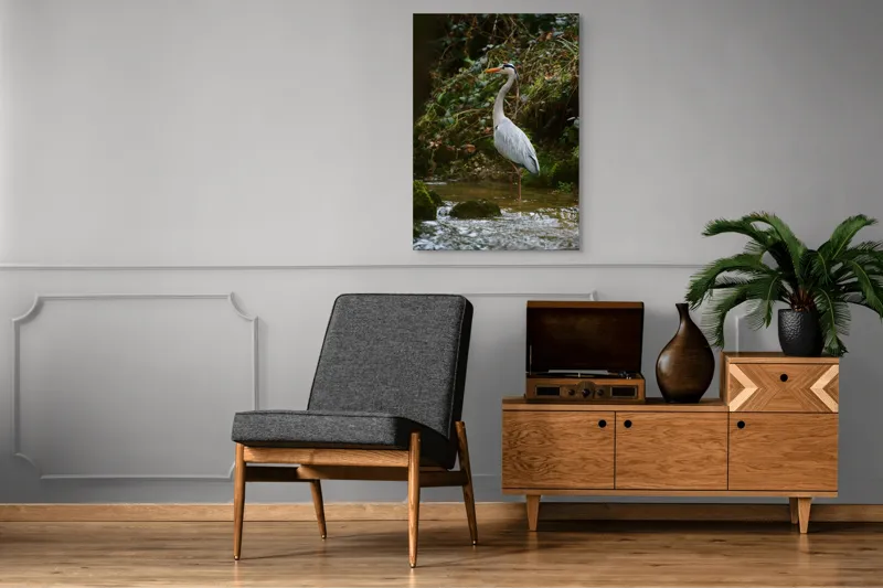 Tablou Canvas, "Stolul elegant al stârcii cenușii", Elegant, Stălucitor, Grațios, Pădure, Râu, Verdeață, Rocă, Natura, Reflecție, Serenitate, 70 x 100 cm – poza 6