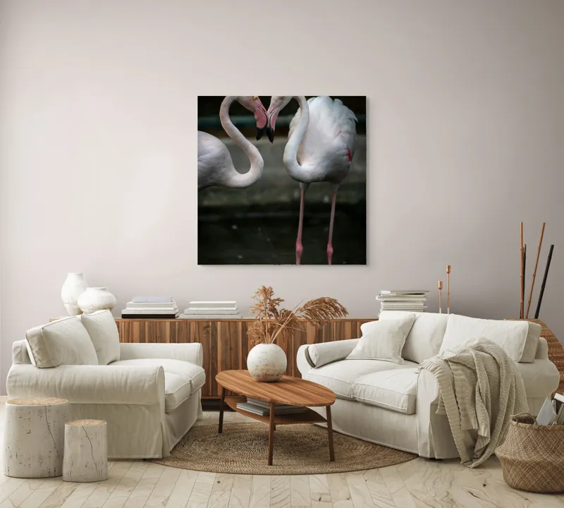 Tablou Canvas, "Flamingo în dansul iubirii tandre", Flamingo, Grație, Reflecție, Eleganță, Simetrie, Lumină, Apă, Natură, 100 x 100 cm – poza 3