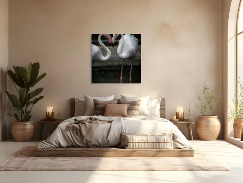 Tablou Canvas, "Flamingo în dansul iubirii tandre", Flamingo, Grație, Reflecție, Eleganță, Simetrie, Lumină, Apă, Natură, 100 x 100 cm – poza 4