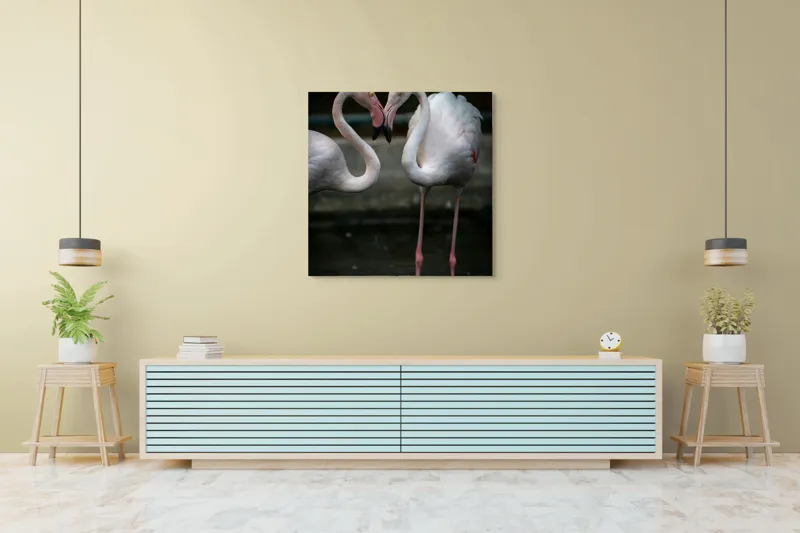 Tablou Canvas, "Flamingo în dansul iubirii tandre", Flamingo, Grație, Reflecție, Eleganță, Simetrie, Lumină, Apă, Natură, 100 x 100 cm – poza 5