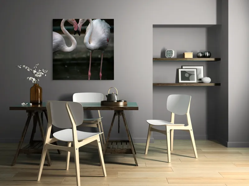 Tablou Canvas, "Flamingo în dansul iubirii tandre", Flamingo, Grație, Reflecție, Eleganță, Simetrie, Lumină, Apă, Natură, 100 x 100 cm – poza 6