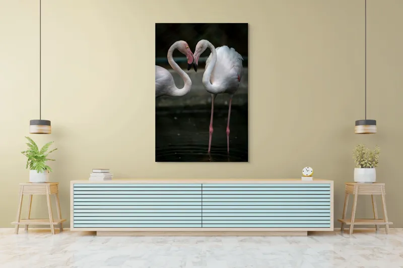 Tablou Canvas, "Flamingo în dansul iubirii tandre", Flamingo, Grație, Reflecție, Eleganță, Simetrie, Lumină, Apă, Natură, 100 x 150 cm – poza 4