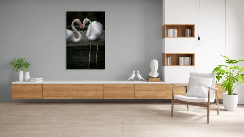 Tablou Canvas, "Flamingo în dansul iubirii tandre", Flamingo, Grație, Reflecție, Eleganță, Simetrie, Lumină, Apă, Natură, 100 x 150 cm – poza 8