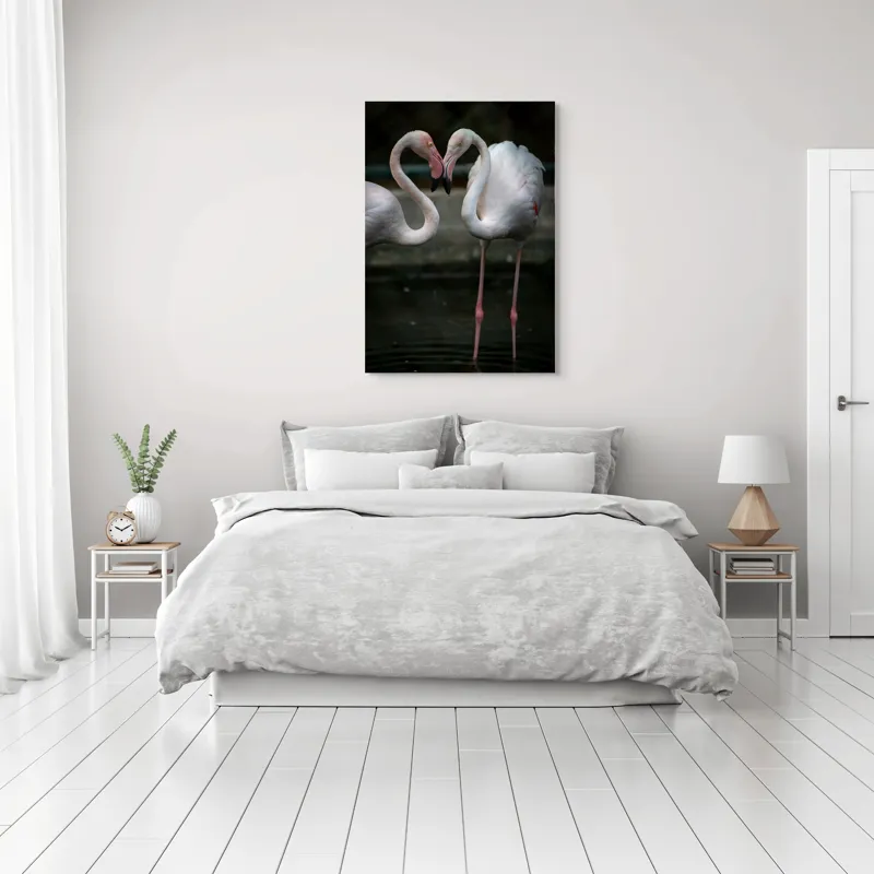 Tablou Canvas, "Flamingo în dansul iubirii tandre", Flamingo, Grație, Reflecție, Eleganță, Simetrie, Lumină, Apă, Natură, 70 x 100 cm – poza 3