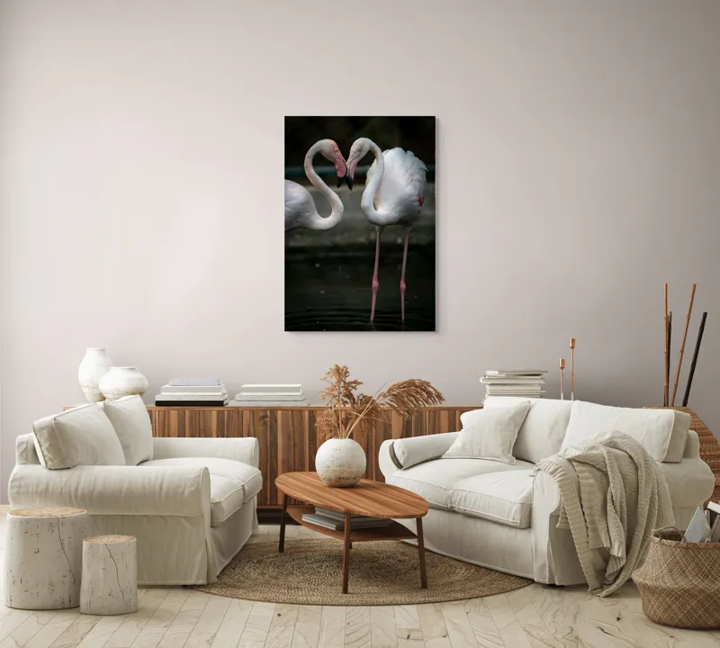 Tablou Canvas, "Flamingo în dansul iubirii tandre", Flamingo, Grație, Reflecție, Eleganță, Simetrie, Lumină, Apă, Natură, 70 x 100 cm – poza 4