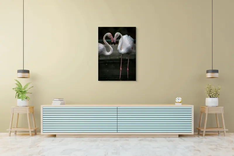 Tablou Canvas, "Flamingo în dansul iubirii tandre", Flamingo, Grație, Reflecție, Eleganță, Simetrie, Lumină, Apă, Natură, 70 x 100 cm – poza 5