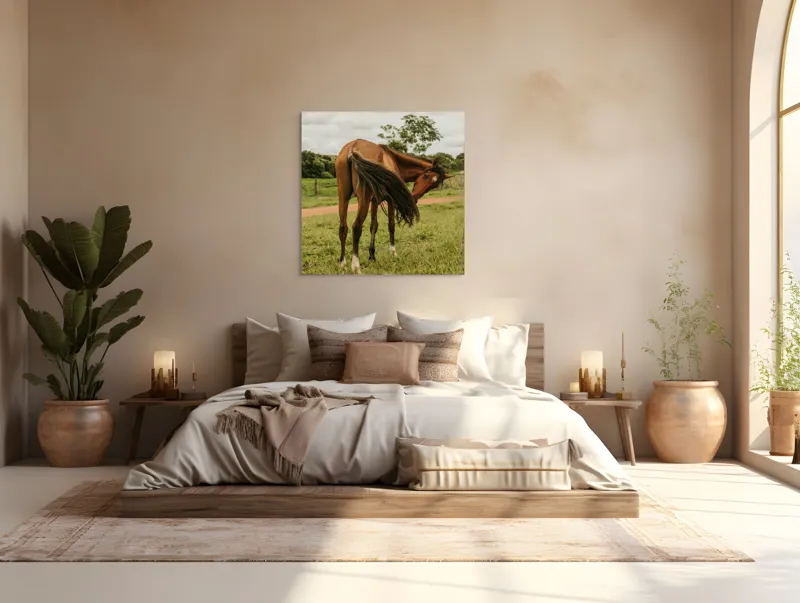 Tablou Canvas, "Cal în bătaia vântului verde.", Cal, Pășune, Verdeață, Coamă, Ploaie, Nor, Natură, Coadă, Peisaj, Relaxare, 100 x 100 cm – poza 4