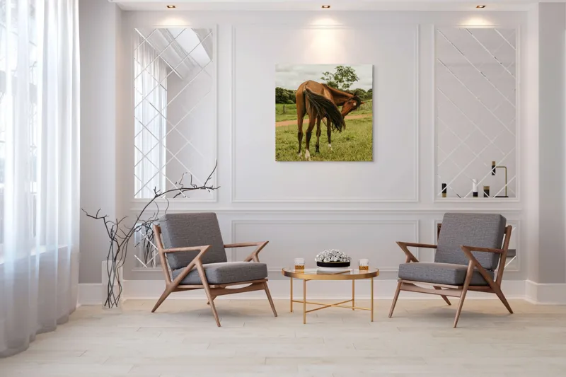 Tablou Canvas, "Cal în bătaia vântului verde.", Cal, Pășune, Verdeață, Coamă, Ploaie, Nor, Natură, Coadă, Peisaj, Relaxare, 100 x 100 cm – poza 7