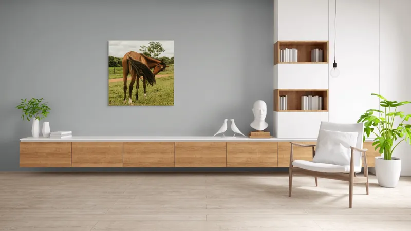 Tablou Canvas, "Cal în bătaia vântului verde.", Cal, Pășune, Verdeață, Coamă, Ploaie, Nor, Natură, Coadă, Peisaj, Relaxare, 100 x 100 cm – poza 8