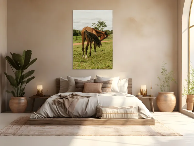 Tablou Canvas, "Cal în bătaia vântului verde.", Cal, Pășune, Verdeață, Coamă, Ploaie, Nor, Natură, Coadă, Peisaj, Relaxare, 100 x 150 cm – poza 3