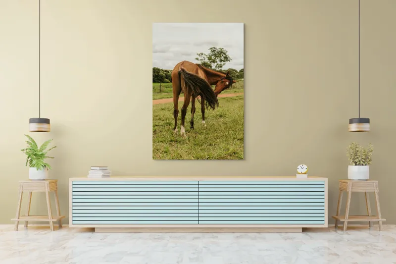 Tablou Canvas, "Cal în bătaia vântului verde.", Cal, Pășune, Verdeață, Coamă, Ploaie, Nor, Natură, Coadă, Peisaj, Relaxare, 100 x 150 cm – poza 4