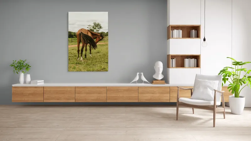 Tablou Canvas, "Cal în bătaia vântului verde.", Cal, Pășune, Verdeață, Coamă, Ploaie, Nor, Natură, Coadă, Peisaj, Relaxare, 100 x 150 cm – poza 8