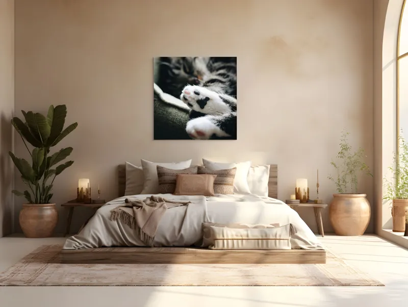 Tablou Canvas, "Pui de somn liniștit și blând", Pisică, Patrupede, Blană, Pernițe, Relaxează, Odihnă, Drăgălaș, Somn, Confort, Animal., 100 x 100 cm – poza 4
