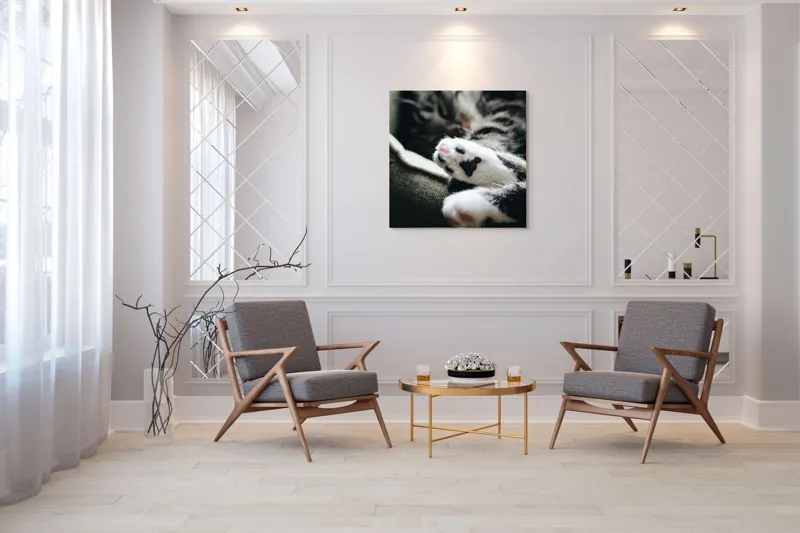 Tablou Canvas, "Pui de somn liniștit și blând", Pisică, Patrupede, Blană, Pernițe, Relaxează, Odihnă, Drăgălaș, Somn, Confort, Animal., 100 x 100 cm – poza 7