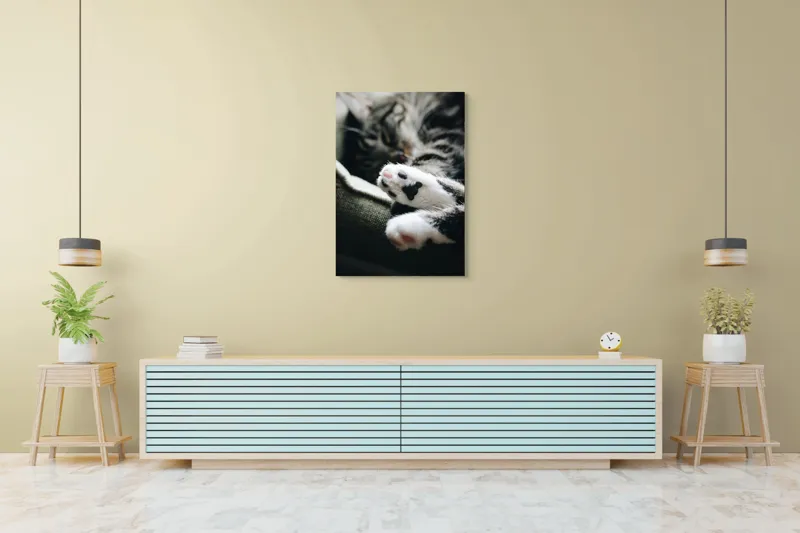 Tablou Canvas, "Pui de somn liniștit și blând", Pisică, Patrupede, Blană, Pernițe, Relaxează, Odihnă, Drăgălaș, Somn, Confort, Animal., 70 x 100 cm – poza 5