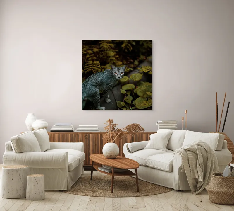 Tablou Canvas, "Pisica misterioasă printre ferigi verzi", Pisică, Frunze, Verdeață, Privire, Tufisuri, Eleganță, Natură, Mister, Curiozitate, 100 x 100 cm – poza 3