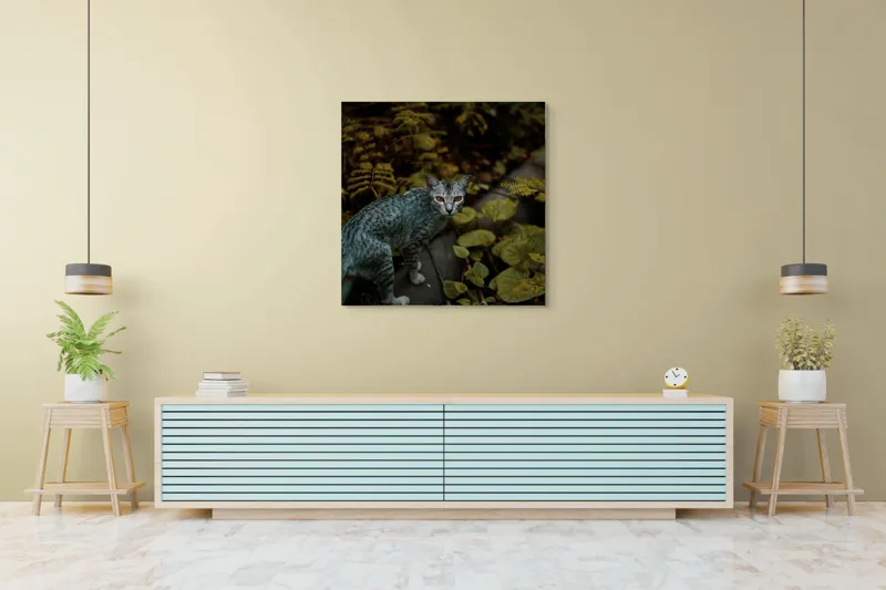 Tablou Canvas, "Pisica misterioasă printre ferigi verzi", Pisică, Frunze, Verdeață, Privire, Tufisuri, Eleganță, Natură, Mister, Curiozitate, 100 x 100 cm – poza 5
