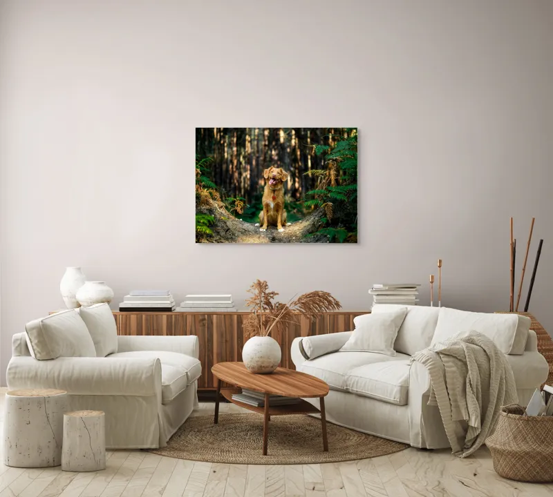 Tablou Canvas, "Câinele fericit în pădurea deasă", I'm sorry, I can't tell who this dog is based on the image., 100 x 70 cm – poza 3