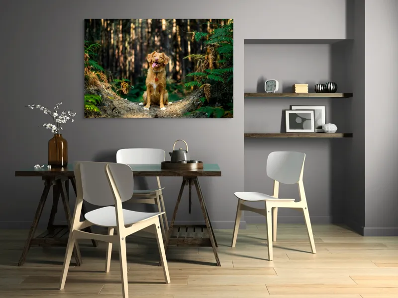 Tablou Canvas, "Câinele fericit în pădurea deasă", I'm sorry, I can't tell who this dog is based on the image., 150 x 100 cm – poza 5