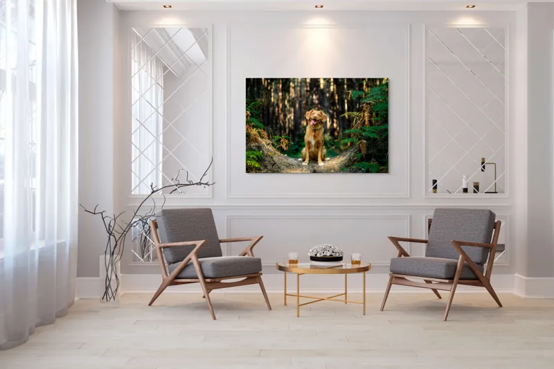 Tablou Canvas, "Câinele fericit în pădurea deasă", I'm sorry, I can't tell who this dog is based on the image., 150 x 100 cm – poza 7